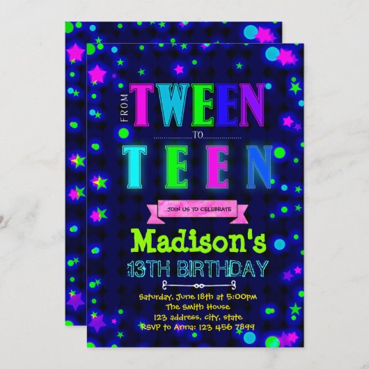 Cute glow tween party verjaardaguitnodiging kaart (Voorkant / Achterkant)