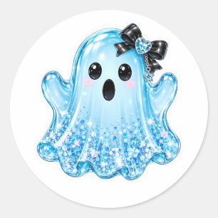 Cute Glowing Ghost met Zwarte Strik Vinyl Ronde Sticker