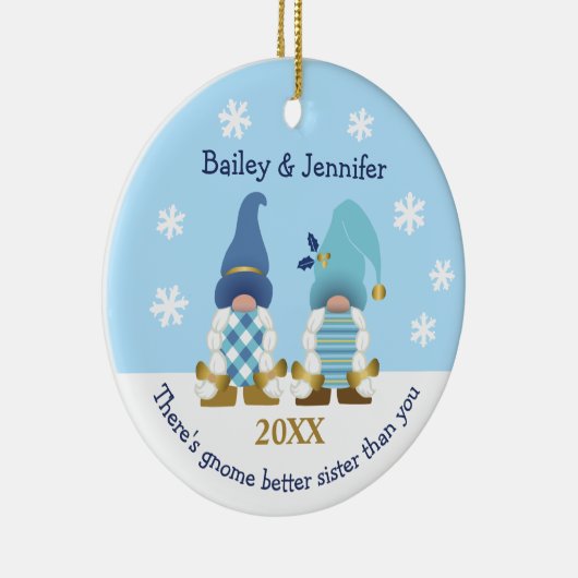 Cute Gnome Better Sister Gold Blue White Gingham Keramisch Ornament (Rechts)