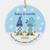 Cute Gnome Better Sister Gold Blue White Gingham Keramisch Ornament (Voorkant)
