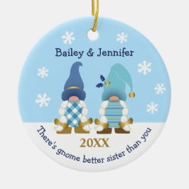 Cute Gnome Better Sister Gold Blue White Gingham Keramisch Ornament