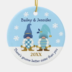 Cute Gnome Better Sister Gold Blue White Gingham Keramisch Ornament