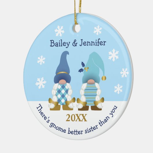 Cute Gnome Better Sister Gold Blue White Gingham Keramisch Ornament (Links)