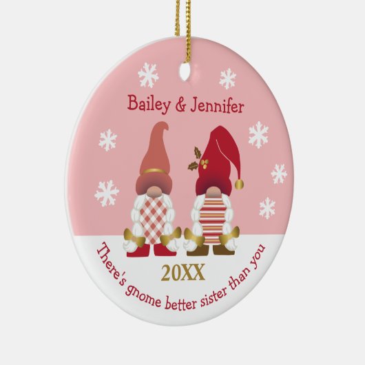 Cute Gnome Better Zister Red Gold Pink Gingham Keramisch Ornament (Rechts)