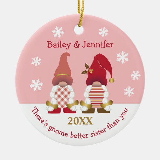 Cute Gnome Better Zister Red Gold Pink Gingham Keramisch Ornament (Voorkant)