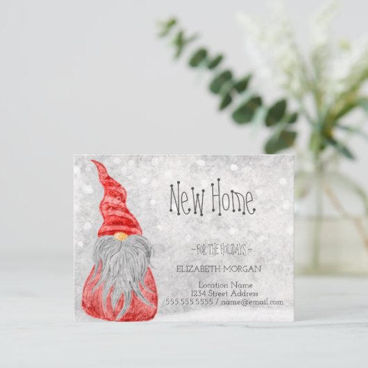 Cute Gnome, Bokeh Feestdagen New Address Aankondigingskaart (Staand voorkant)
