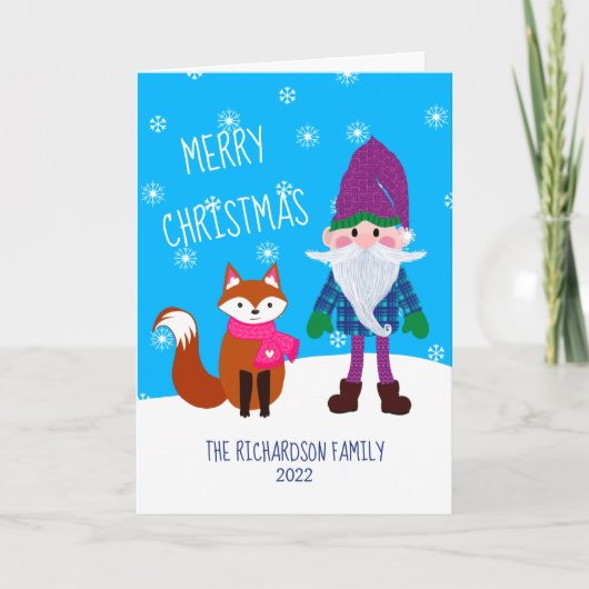 Cute Gnome Fox Snowflakes Blue Merry Kerstry Feestdagen Kaart (Voorkant)