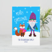 Cute Gnome Fox Snowflakes Blue Merry Kerstry Feestdagenkaart (Staand voorkant)
