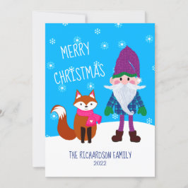 Cute Gnome Fox Snowflakes Blue Merry Kerstry Feestdagenkaart