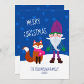 Cute Gnome Fox Snowflakes Night Blue Kerstmis Feestdagenkaart (Voorkant / Achterkant)