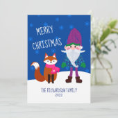 Cute Gnome Fox Snowflakes Night Blue Kerstmis Feestdagenkaart (Staand voorkant)