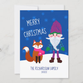 Cute Gnome Fox Snowflakes Night Blue Kerstmis Feestdagenkaart
