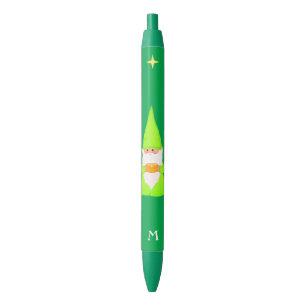 Cute Gnome Holding a Gift & Monogram on Green Zwarte Inkt Pen