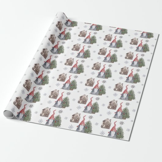 Cute Gnome House Tree Stars Pattern Cadeaupapier (Uitgerold)