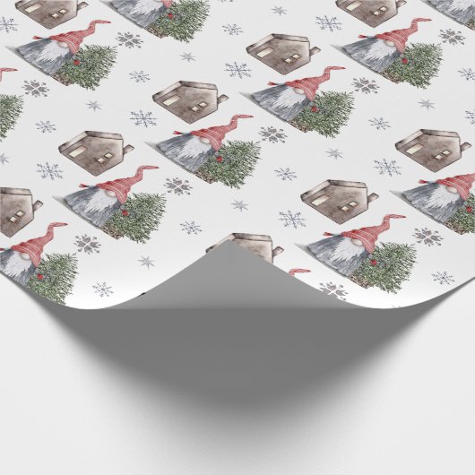 Cute Gnome House Tree Stars Pattern Cadeaupapier (Hoek)