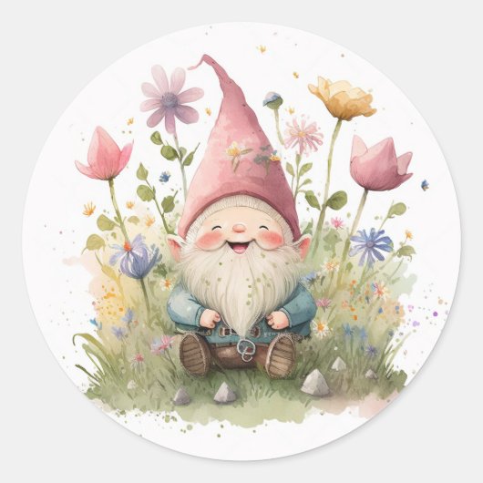 Cute gnome in de tuin ronde sticker (Voorkant)
