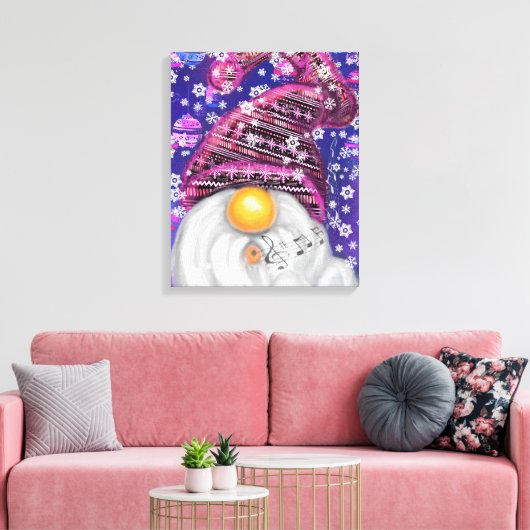 Cute Gnome in het Paarse Pet Zingt een kerstlied Canvas Afdruk (Insitu (Woonkamer))