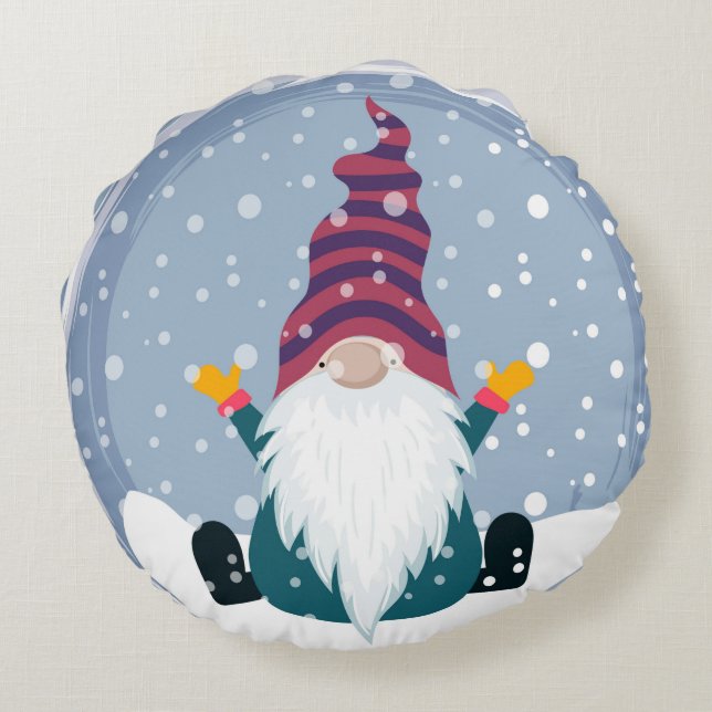 Cute Gnome in Snowfall Rond Kussen (Achterkant)