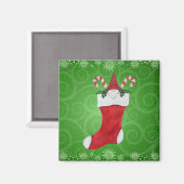 Cute Gnome in Stocking Green Swirls Snowflakes Magneet (Voorkant / Achterkant)