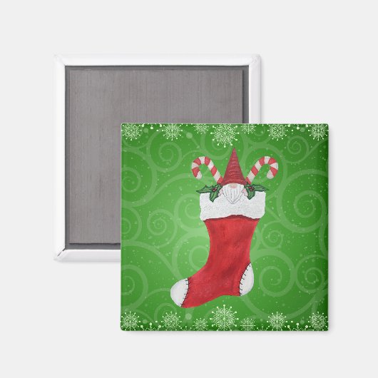 Cute Gnome in Stocking Green Swirls Snowflakes Magneet (Voorkant / Achterkant)