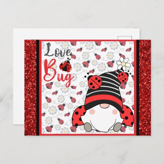 Cute Gnome Love Bug Ladybug Valentijnsdag Briefkaart (Voorkant / Achterkant)