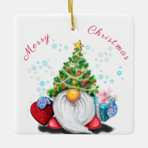Cute Gnome met Pet met kerstbomen en cadeautjes - Keramisch Ornament