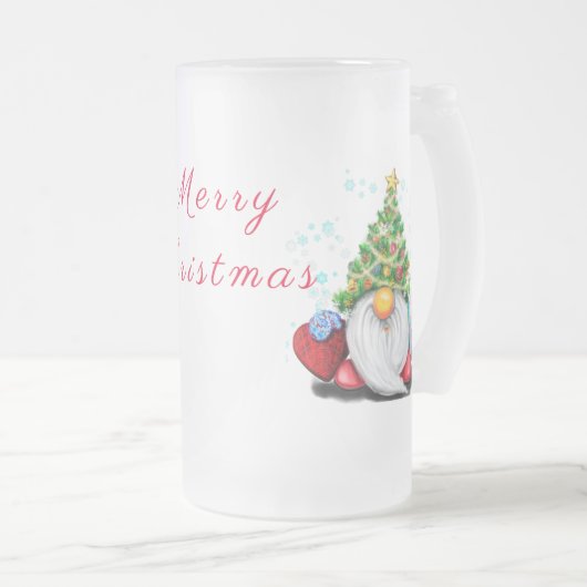 Cute Gnome met Pet met kerstbomen en cadeautjes - Matglas Bierpul (Voorkant rechts)