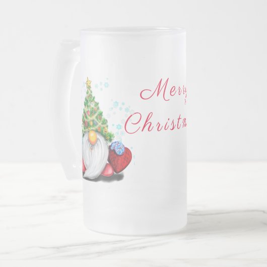 Cute Gnome met Pet met kerstbomen en cadeautjes -  Matglas Bierpul (Voorkant links)