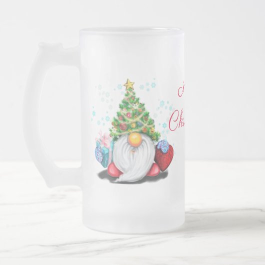 Cute Gnome met Pet met kerstbomen en cadeautjes -  Matglas Bierpul (Links)
