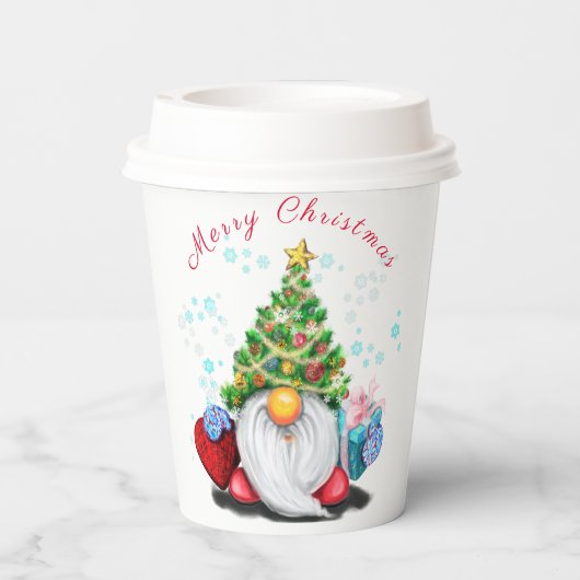 Cute Gnome met Pet met kerstbomen en cadeautjes -  Papieren Bekers (Achterkant)