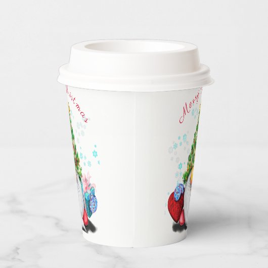 Cute Gnome met Pet met kerstbomen en cadeautjes - Papieren Bekers (Rechts)