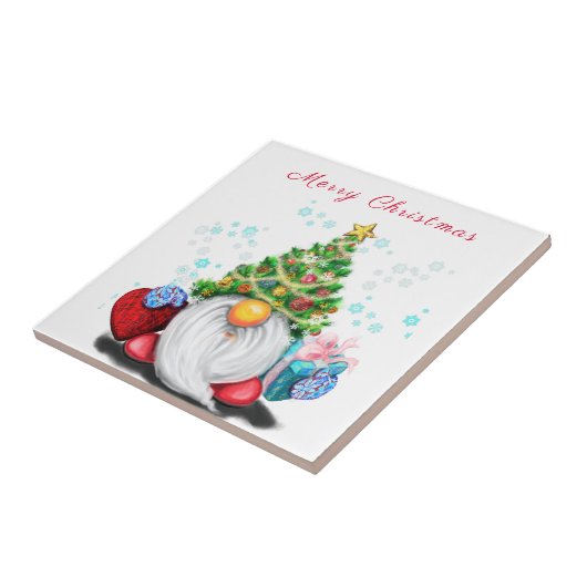 Cute Gnome met Pet met kerstbomen en cadeautjes - Tegeltje (Zijkant)