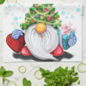 Cute Gnome met Pet met kerstbomen en cadeautjes - Theedoek (Gevouwen)