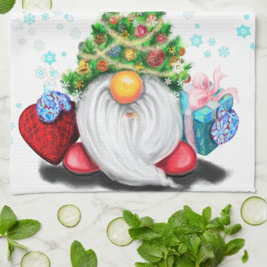 Cute Gnome met Pet met kerstbomen en cadeautjes - Theedoek (Gevouwen)