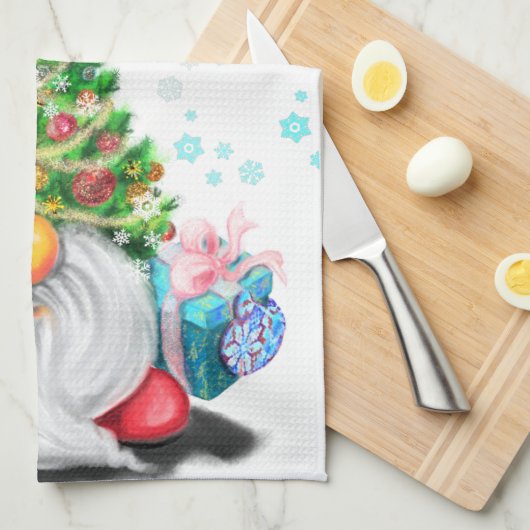 Cute Gnome met Pet met kerstbomen en cadeautjes -  Theedoek (Quarter Fold)