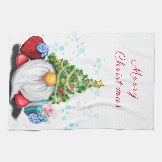 Cute Gnome met Pet met kerstbomen en cadeautjes -  Theedoek (Horizontaal)