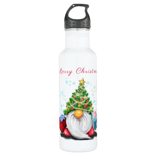 Cute Gnome met Pet met kerstbomen en cadeautjes -  Waterfles (Voorkant)