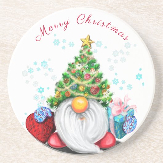 Cute Gnome met Pet met kerstbomen en cadeautjes - Zandsteen Onderzetter (Voorkant)