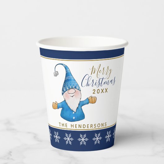 Cute Gnome Navy Blue White Kerstparty Papieren Bekers (Achterkant)
