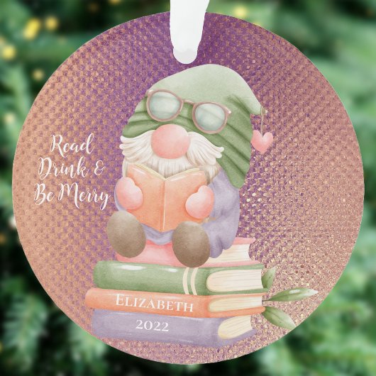 Cute Gnome Reading Book Rosegold Monogrammed Ornament