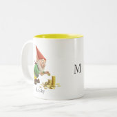 Cute Gnome with Gold Coins, Calligraphy & Monogram Tweekleurige Koffiemok (Voorkant links)