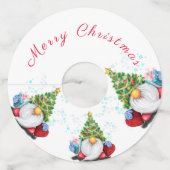 Cute Gnomen met Pet met kerstbomen en cadeautjes - Wijnglaslabel (Achterkant)