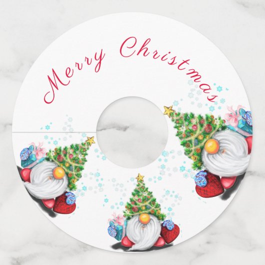 Cute Gnomen met Pet met kerstbomen en cadeautjes - Wijnglaslabel (Achterkant)