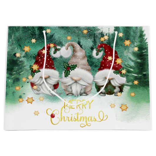 Cute Gnomes Forest Stars Merry Kerstmis Groot Cadeauzakje (Voorkant)