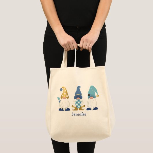 Cute Gnomes Gold Blue Gingham Tote Bag (Voorkant (product))