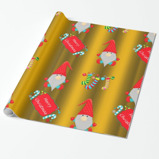 Cute Gnomes Gold Kerstmis Cadeaupapier (Uitgerold)
