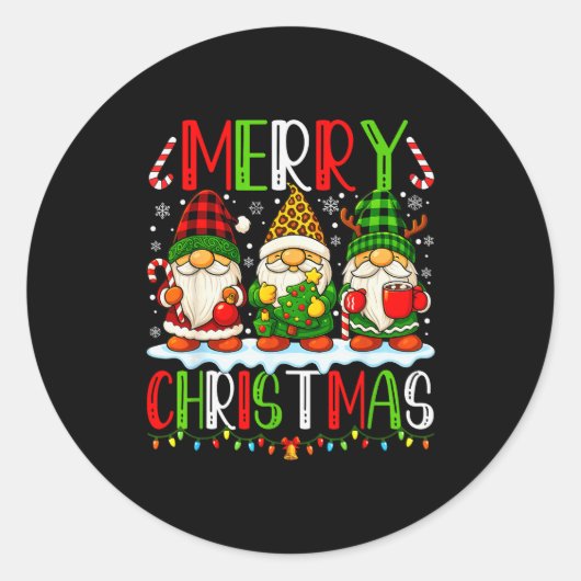 Cute Gnomes Merry Christmas Lights Gnome Xmas Men  Ronde Sticker (Voorkant)