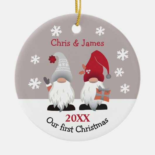Cute Gnomes Our First Christmas Red Pink Grey Keramisch Ornament (Voorkant)