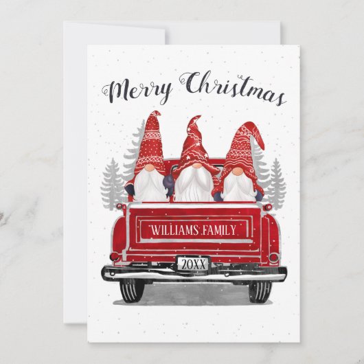Cute Gnomes  Red Truck Merry kerstnaam Feestdagenkaart (Voorkant)
