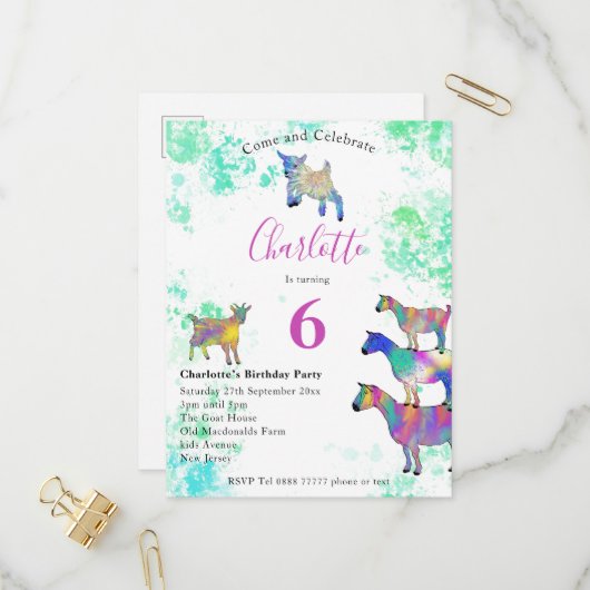 Cute Goats 6th Birthday Uitnodiging Briefkaart (Voorkant / Achterkant in situ)